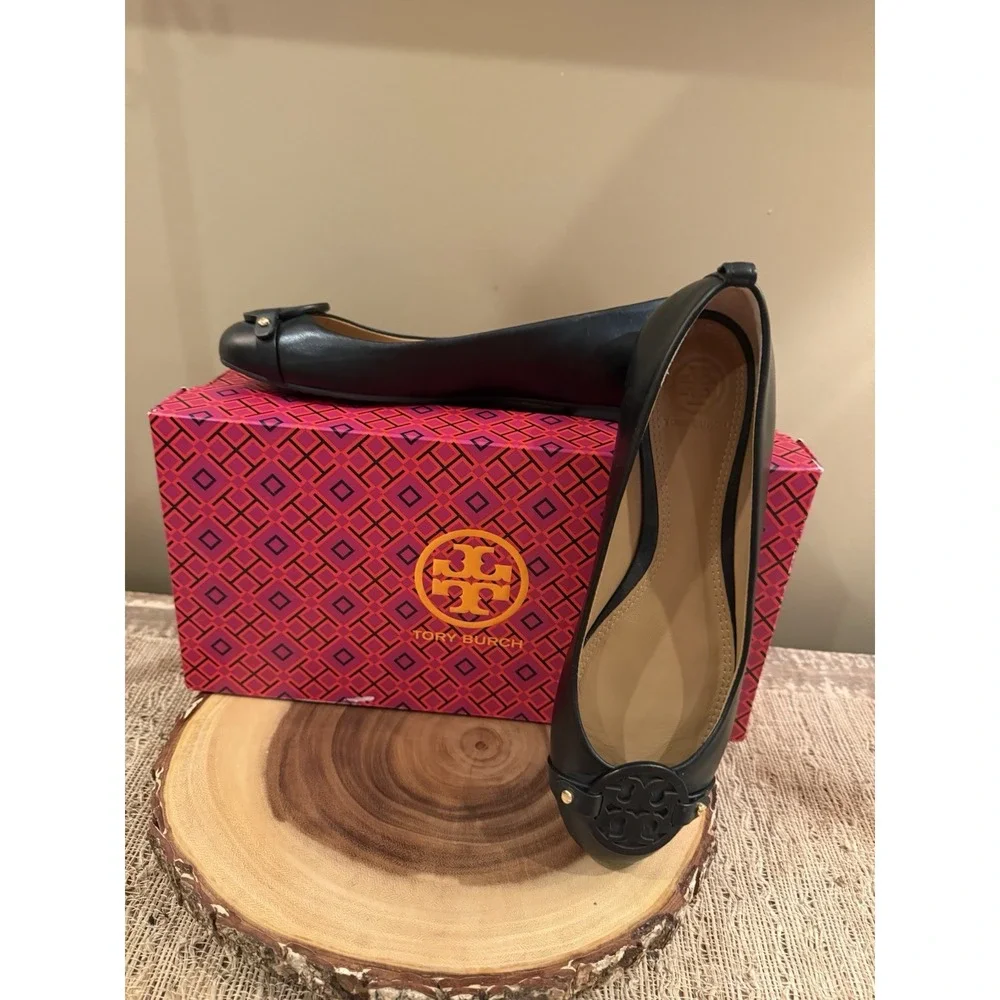 Tory Burch Women's Mini Miller Logo Matte Black Leather Flats Size US 8M